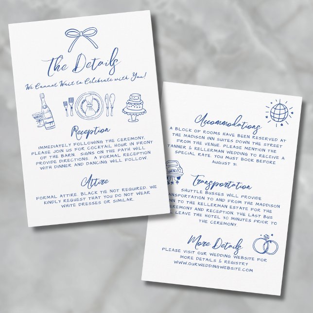 Cartão De Informações Detalhes de Casamento Caprichosos Desenhados à Mão (Hand Drawn Blue Whimsical Wedding Details Enclosure Card)