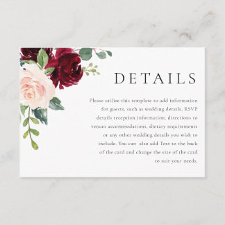 Cartão De Informações Detalhes de Casamento Clássico Burgundy & Blush