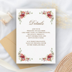 Cartão De Informações Detalhes de Casamento com Bordadura de Buquê Flora