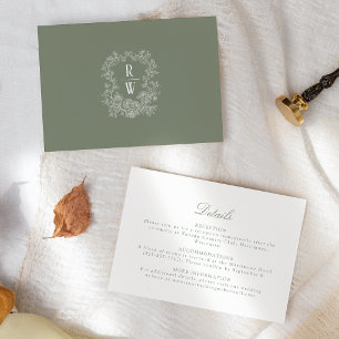 Cartão De Informações Detalhes de Casamento com Brasão Floral em Verde S