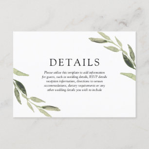 Cartão De Informações Detalhes de Casamento com Folha Verde em Aquarela 