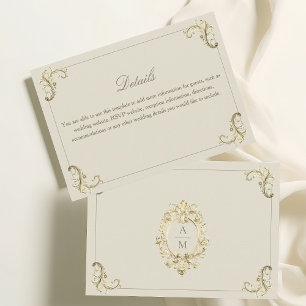 Cartão De Informações Detalhes de Casamento com Monograma Dourado Barroc