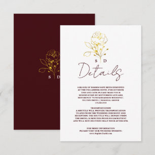 Cartão De Informações Detalhes de casamento com monograma dourado em bur