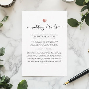 Cartão De Informações Detalhes de Casamento Coração em Rose Gold Moderno