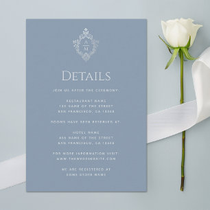 Cartão De Informações Detalhes de Casamento Crest Azul Poeirento Monogra