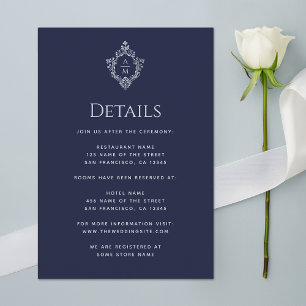 Cartão De Informações Detalhes de Casamento Crest Navy Azul Monograma Vi