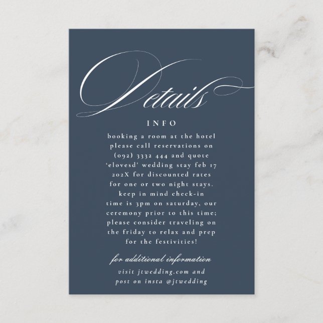 Cartão De Informações Detalhes de Casamento da Caligrafia Formal marinho (Frente)