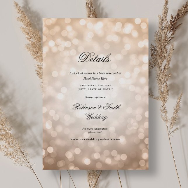 Cartão De Informações Detalhes de Casamento das Luzes de Bokeh Douradas  (Elegant Rose Gold Bokeh Lights Wedding Details Enclosure Card)