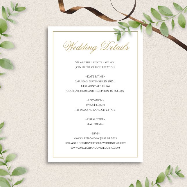 Cartão De Informações Detalhes de Casamento de Borda Dourada e Preta Clá (Criador carregado)