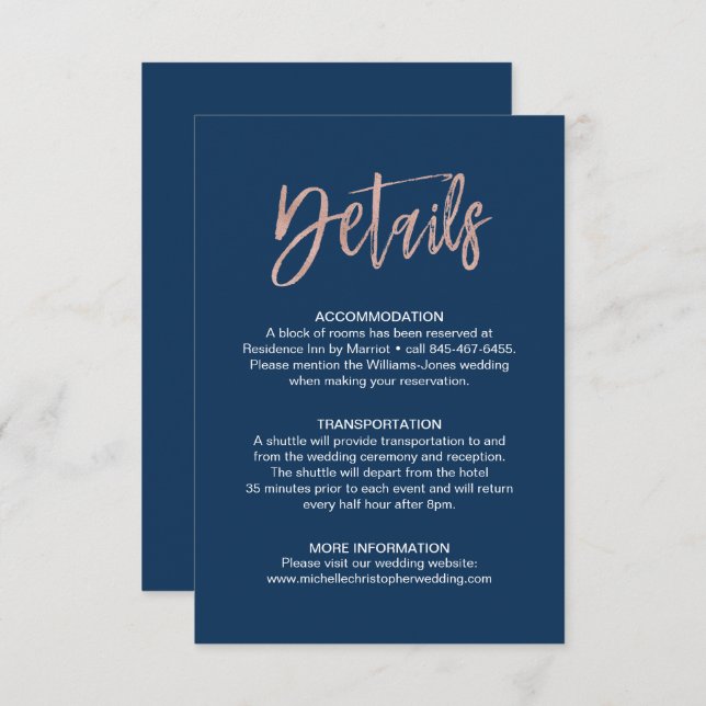 Cartão De Informações Detalhes de Casamento de Chic do marinho e do Glam (Frente/Verso)
