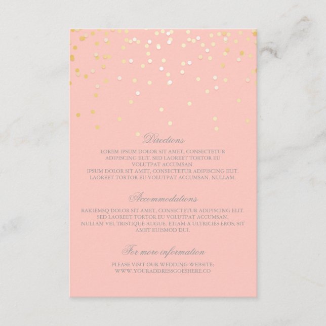 Cartão De Informações Detalhes de Casamento de Confetti de Blush Dourado (Frente)