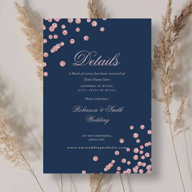 Cartão De Informações Detalhes de Casamento de Confetti rosa Dourado Mar (Rose Gold Confetti Wedding Details Navy Blue Enclosure Card)