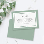 Cartão De Informações Detalhes de Casamento de Cores de Borda Editáveis<br><div class="desc">Este cartão clássico de detalhes do casamento moderno apresenta uma cor de fundo editável; para mudá-lo do verde sábio para a cor de sua escolha, clique no botão personalizar e altere a cor de fundo frontal e traseira. Personalize-o substituindo o texto do marcador de posição. Para obter mais opções, como...</div>