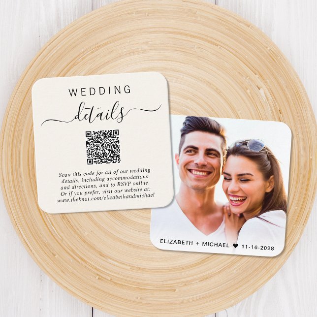 Cartão De Informações Detalhes de Casamento de Creme de Código QR de Fot (Our user-friendly template will generate your QR code automatically from your website address)