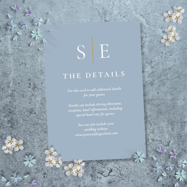 Cartão De Informações Detalhes De Casamento De Dusty Blue E Monograma Do (Dusty Blue And Gold Monogram Wedding Details Enclosure Card)