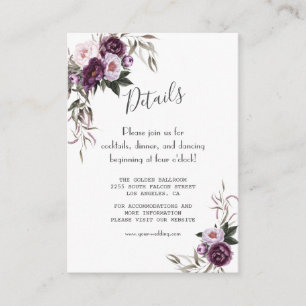 Cartão De Informações Detalhes de Casamento de Flores Roxas Rosa em Aqua