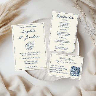 Cartão De Informações Detalhes de Casamento de Folha Tropical Azul Elega