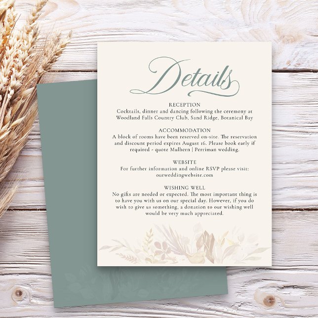 Cartão De Informações Detalhes de Casamento de Folhagem Botânica Verde S (Sage Green wedding details enclosure card - Foliage Duet wedding collection)