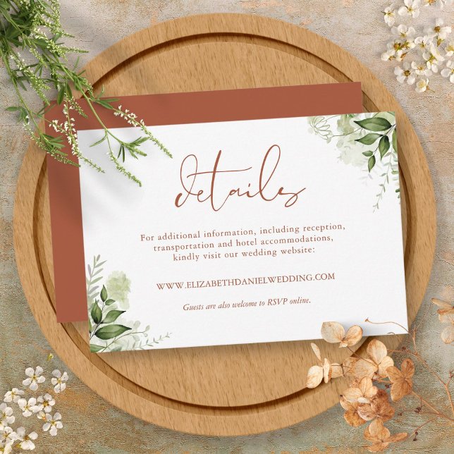 Cartão De Informações Detalhes de Casamento de Folhas de Verdura Rústica (Terracotta Rustic Greenery Leaves Wedding Details Enclosure Card)