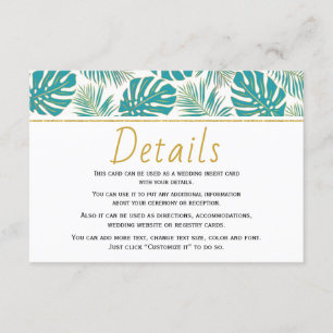 Cartão De Informações Detalhes de casamento de folhas tropicais azul-tea
