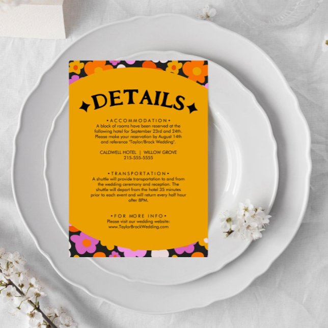 Cartão De Informações Detalhes de Casamento de Groovy Floral Púrpura Ret (Criador carregado)