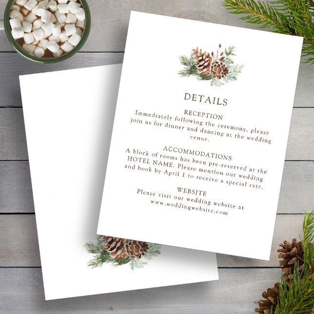 Cartão De Informações Detalhes de Casamento de Inverno (Elegant Pinecone Winter Details Wedding Enclosure Card by Painted Paperie
)