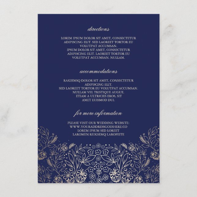 Cartão De Informações Detalhes de Casamento de Marinho Floral Dourado -  (Frente)