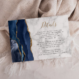 Cartão De Informações Detalhes de Casamento de Mármore Azul Navy Dourado