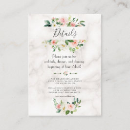 Cartão De Informações Detalhes de Casamento de Mármore Floral com Blush