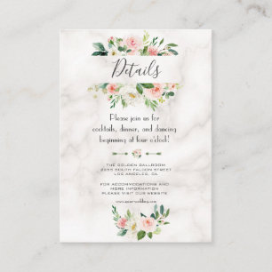 Cartão De Informações Detalhes de Casamento de Mármore Floral com Blush
