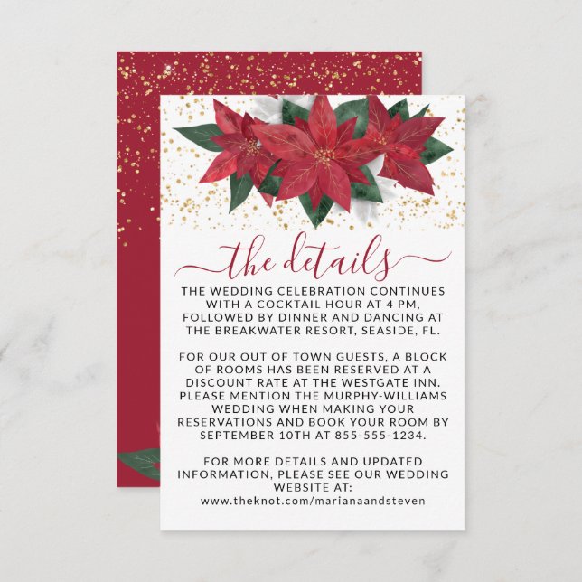 Cartão De Informações Detalhes de casamento de Natal com poinsétia elega (Frente/Verso)