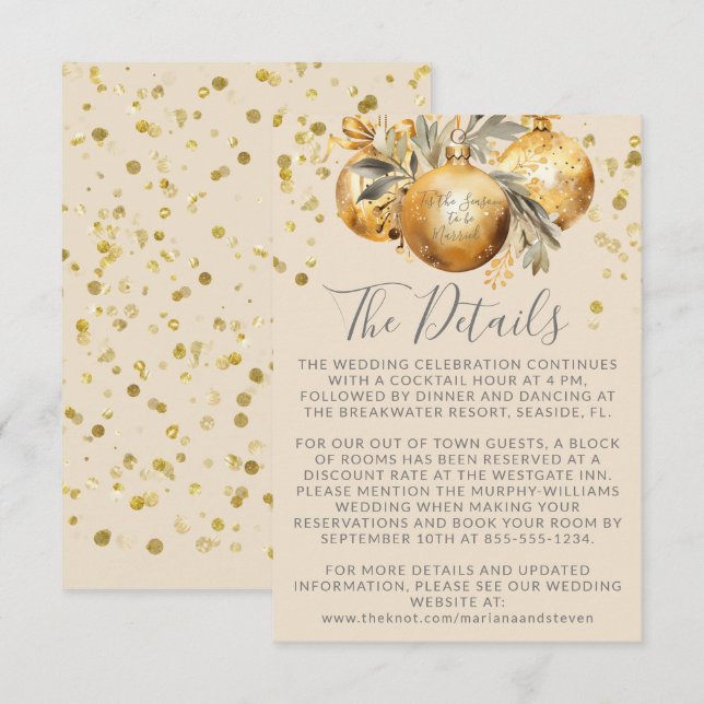 Cartão De Informações Detalhes de casamento de Natal em bege dourado (Frente/Verso)