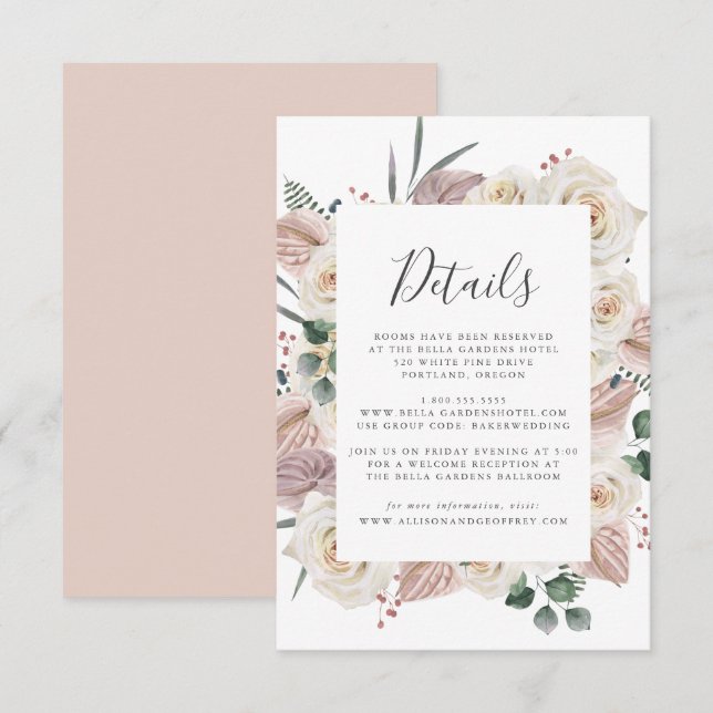 Cartão De Informações Detalhes de Casamento de Rosas de Aquarelas e Orqu (Frente/Verso)