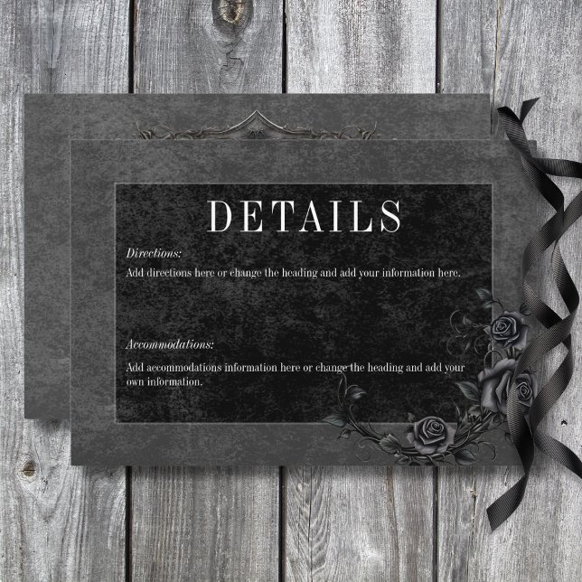 Cartão De Informações Detalhes de Casamento de Rosas Pretos Góticos Rave (Gothic Black Raven & Black Roses Wedding Details Enclosure Card)