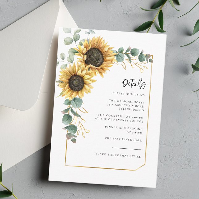Cartão De Informações Detalhes de Casamento de Script de Girassol Floral (Sunflower Floral Eucalyptus Greenery Wedding Details Enclosure Card)