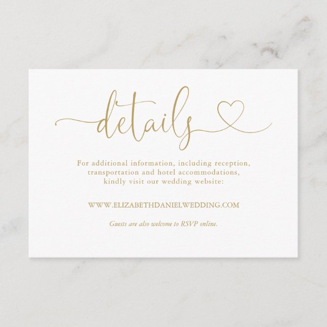 Cartão De Informações Detalhes de Casamento de Script Dourado Elegante (Frente)