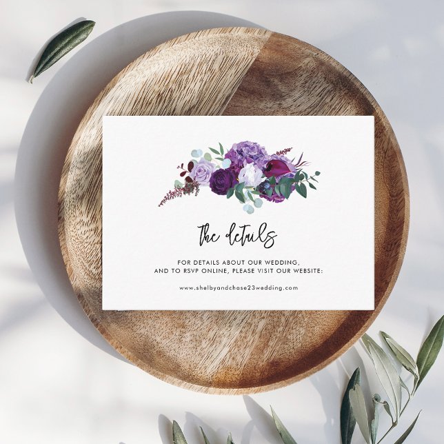 Cartão De Informações Detalhes de Casamento de Script Floral Roxo (Elegant Floral Purple Wedding Details with QR Code)
