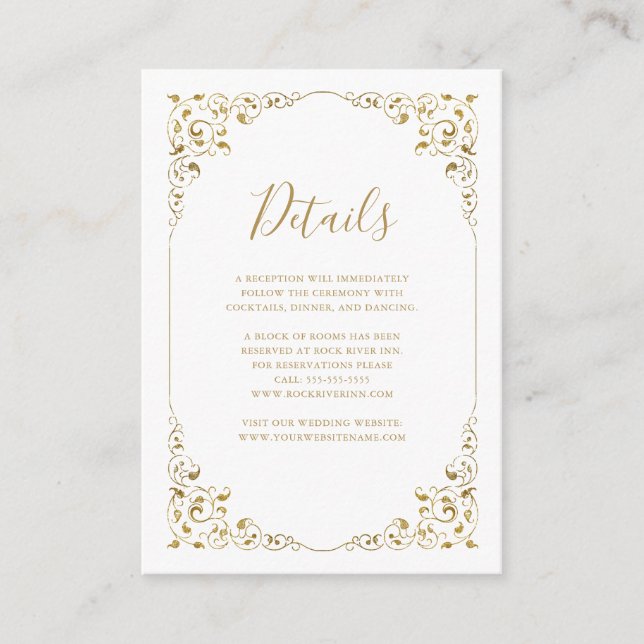 Cartão De Informações Detalhes de Casamento de Script Leaf Dourado Elega (Frente)