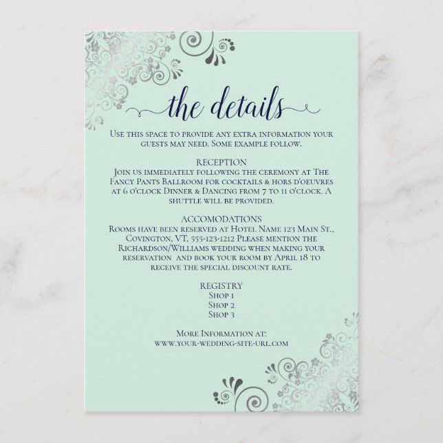 Cartão De Informações Detalhes de Casamento de Silver Frills Mint Green  (Frente)