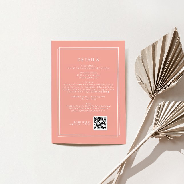 Cartão De Informações Detalhes de Casamento do Código QR do Peach de Pin (AVERY Minimal Blush Peach QR Code Wedding Details Enclosure Card)