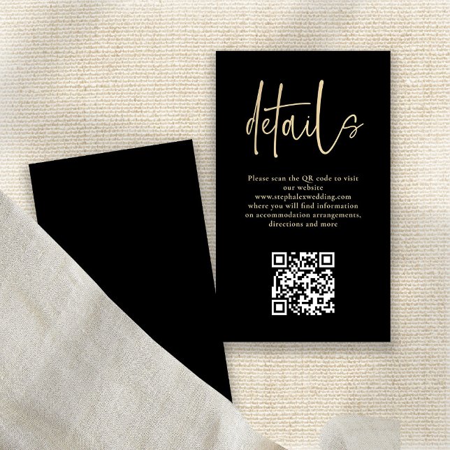 Cartão De Informações Detalhes de Casamento do Código QR Preto do Script (Front and back view)