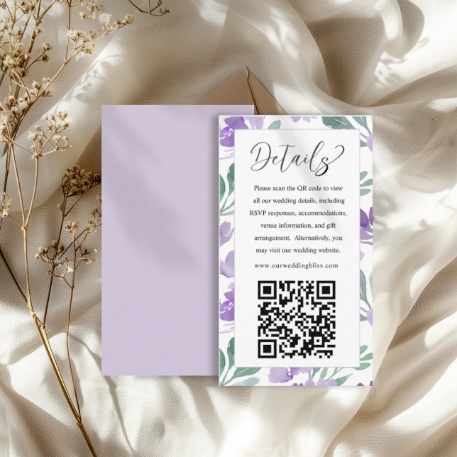 Cartão De Informações Detalhes de Casamento do Código QR Roxo Moderno (Criador carregado)