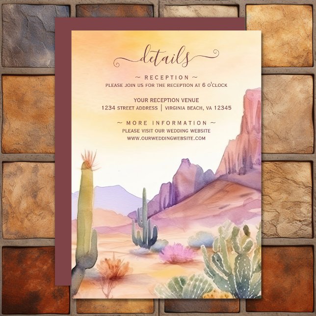Cartão De Informações Detalhes de Casamento do Deserto de Aquarela e Cac (Watercolor Desert and Cactus Wedding Details Enclosure Card)