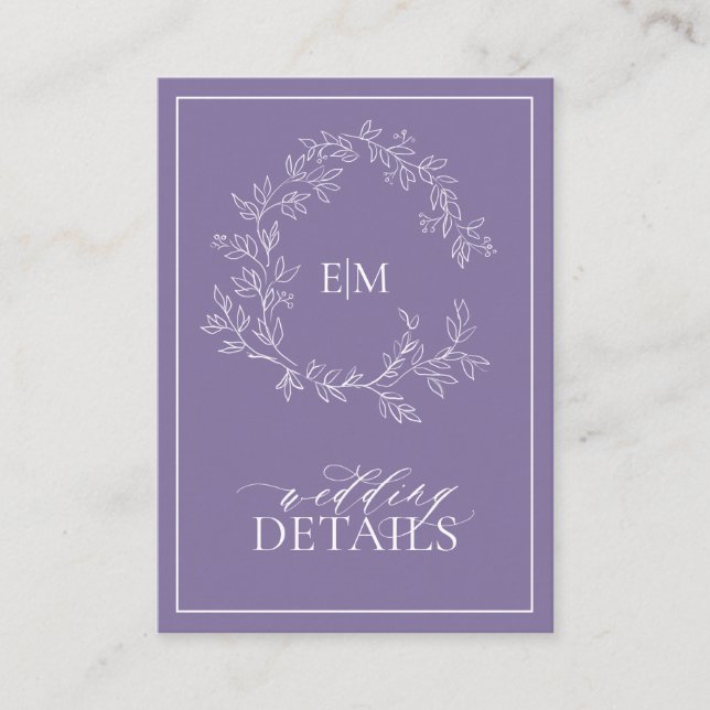 Cartão De Informações Detalhes de Casamento do Monograma da Lavanda Lila (Frente)