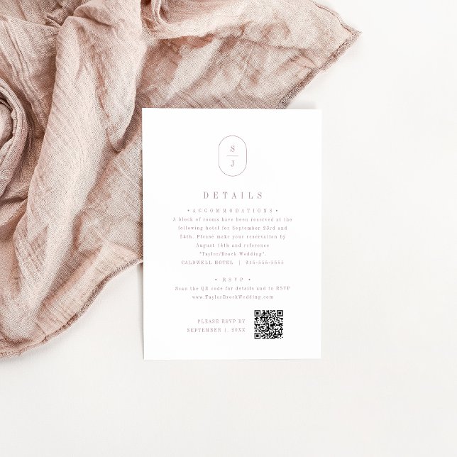 Cartão De Informações Detalhes de Casamento do Monograma Elegante Rosa D (SHYLAH Dusty Rose Elegant Monogram Wedding Details Enclosure Card)