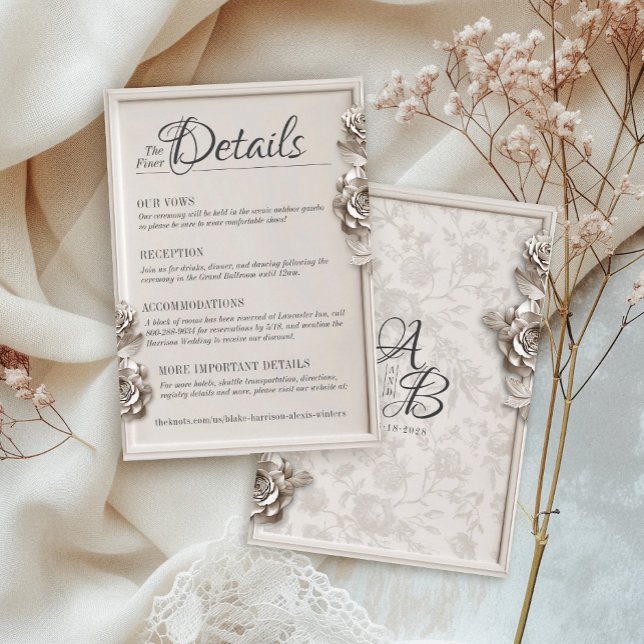 Cartão De Informações Detalhes de Casamento do Monograma Floral Barroco  (Elegant Baroque plaster frame vintage floral calligraphy monogram wedding invitation details card)