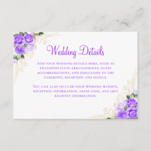 Cartão De Informações Detalhes de Casamento Dourado Floral Aquarela Roxa