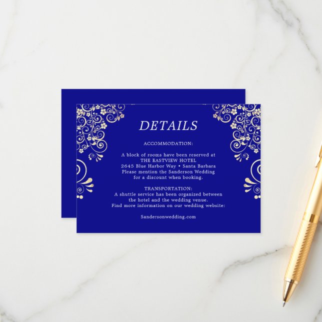 Cartão De Informações Detalhes de Casamento Elegante Azul Real Dourado (Frente/Verso In Situ)