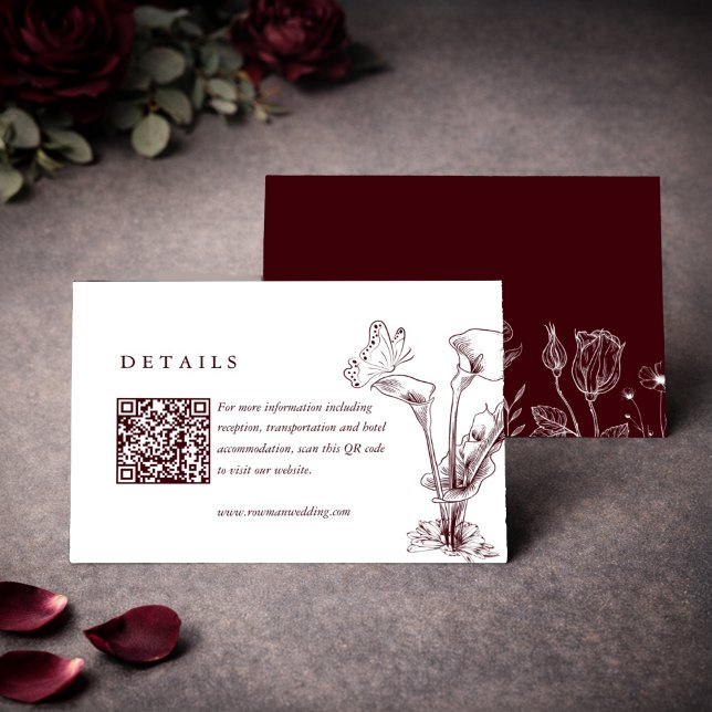 Cartão De Informações Detalhes de Casamento Elegante em Floral Burgundy  (Criador carregado)
