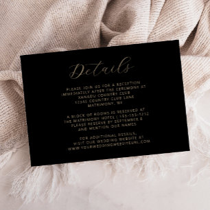 Cartão De Informações Detalhes de Casamento Elegante Preto e Dourado em 